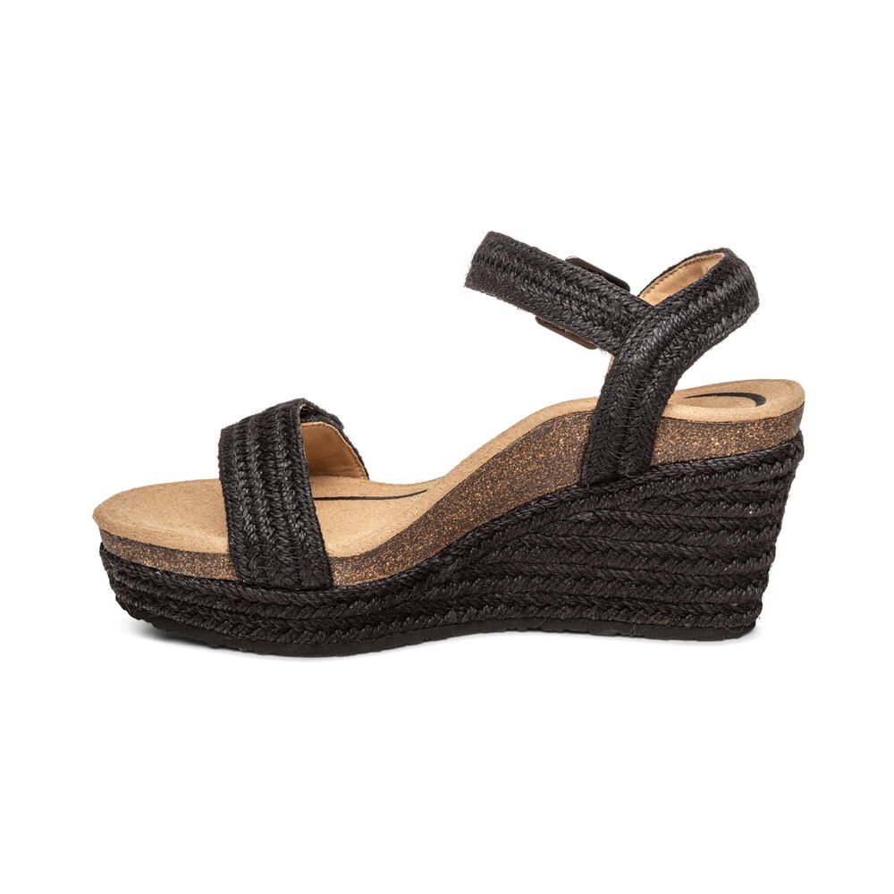 Aetrex Women's Sydney Quarter Strap Espadrille Wedge Sandals - Black | USA 4V13SDW